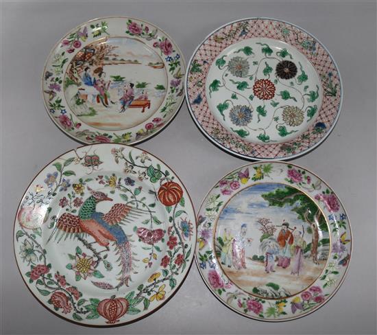 Two Daoguang period famille rose plates, a Qianlong phoenix plate and a Kangxi famille verte plate (4), damage